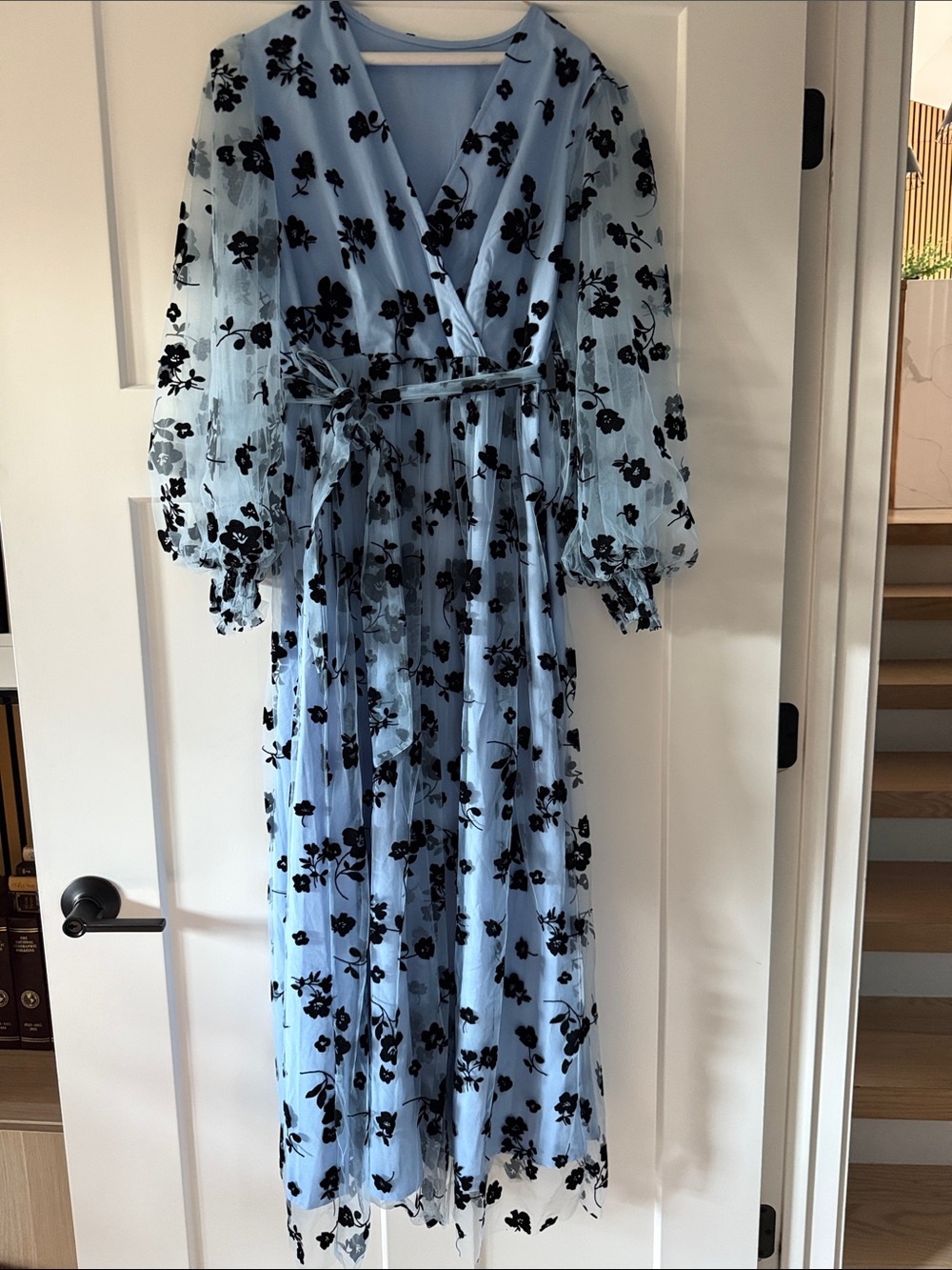 SHEIN Light Blue Mesh Wrap Maxi Dress with Black Floral Appliqué